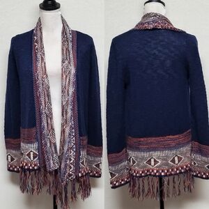 Altar'd State Blue Aztec Print Lightweight Knit Long Sleeve Fringe Cardigan S
